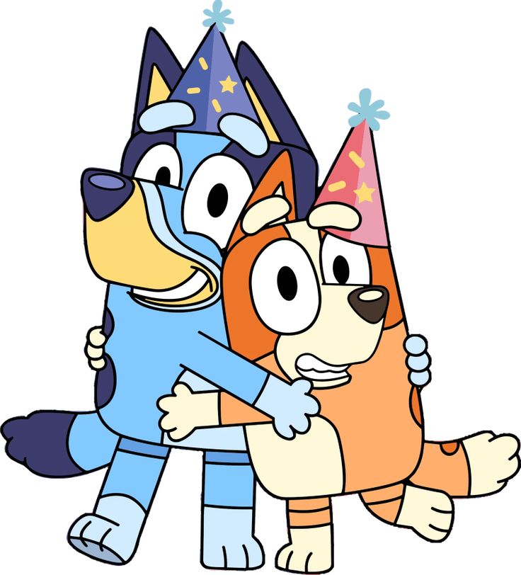 Bluey and Bingo hugging in party hats